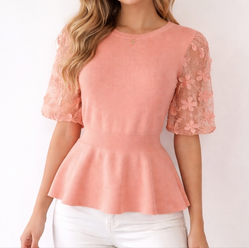 ALICE BLUE Fairycore Pink Floral Lace Sleeve Peplum Sweater